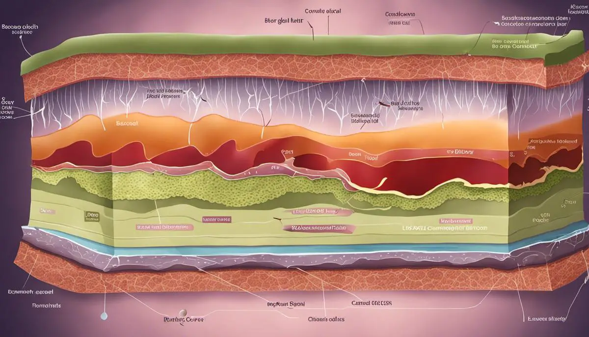 A diagram showing the layers of the skin and highlighting the basal cells affected by Basal Cell Carcinoma (BCC)