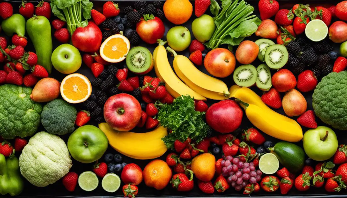 A variety of colorful fruits and vegetables displayed on a plate, representing a healthy breastfeeding diet