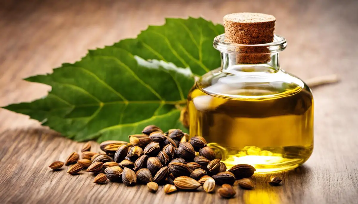 An image of castor oil bottle and seeds, depicting its benefits for skin care.