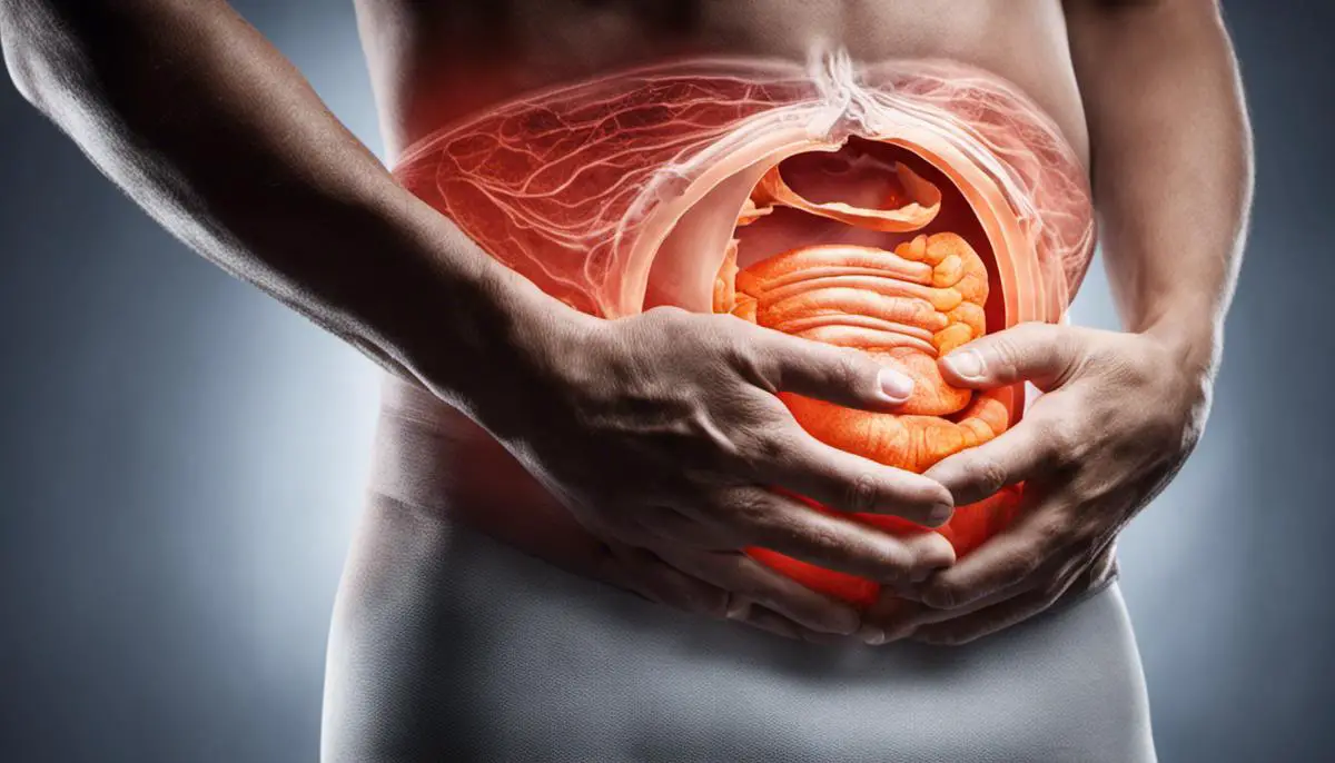 An image of a person holding their abdomen, indicative of colon cancer, as a visual representation of the text.