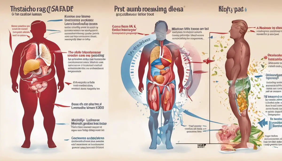 Illustration showing the body breaking down fat, producing ketones, and the potential damage caused by DKA.