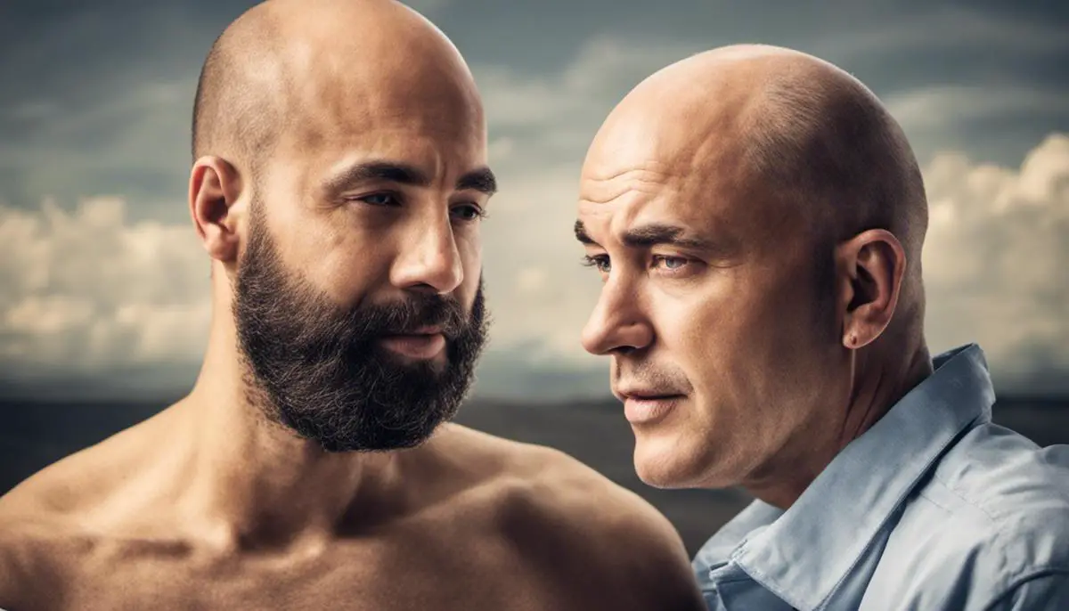 Image depicting a person with male pattern baldness and a person with diabetes symbolizing the connection between the two conditions.