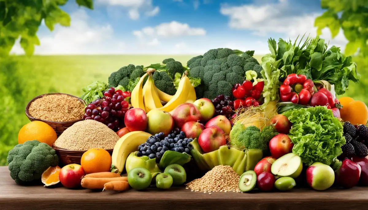 An image showing various sources of dietary fiber such as fruits, vegetables, and whole grains.