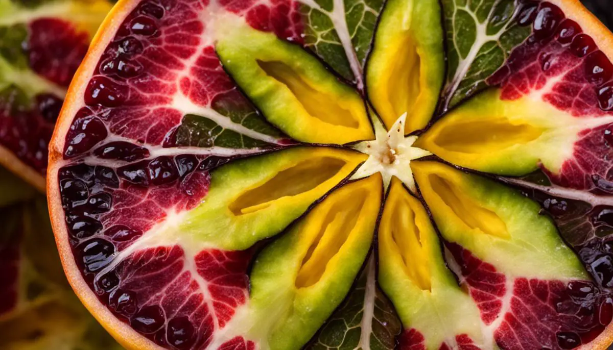An image of a star fruit cut in cross-section, showcasing its distinct star shape and vibrant colors.
