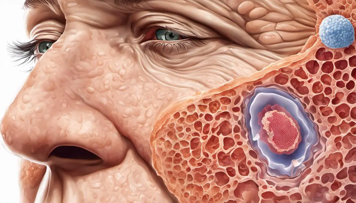 Illustration showing the layers of skin and cells affected by Basal Cell Carcinoma