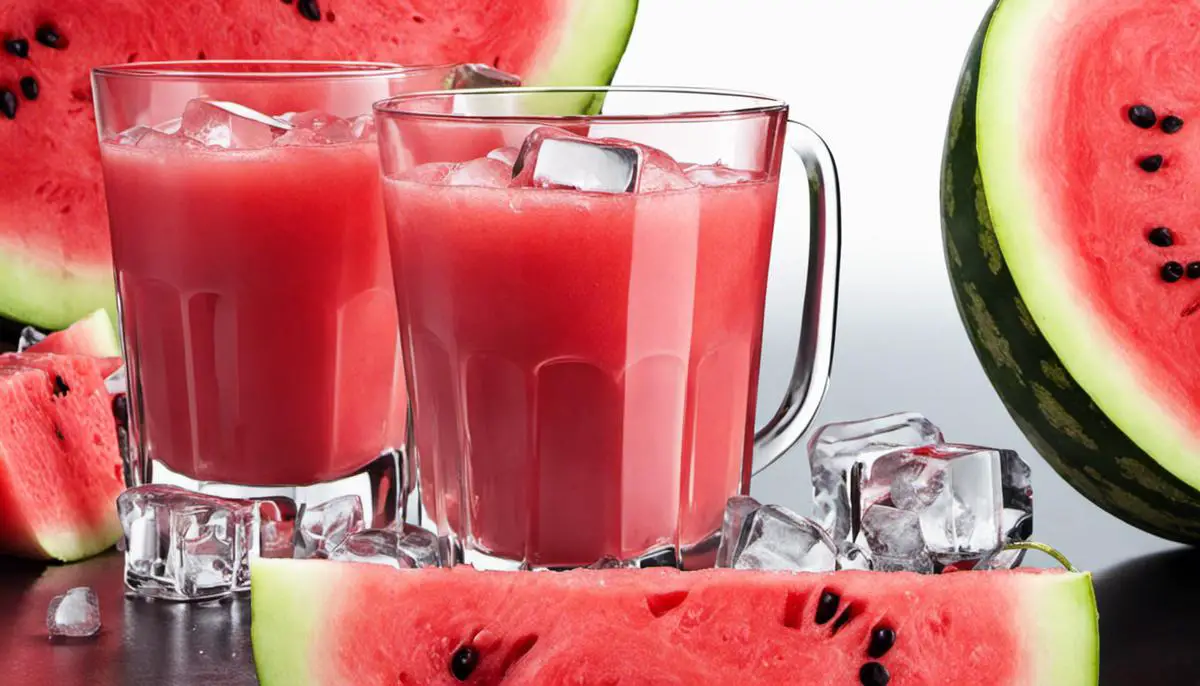 A glass of refreshing watermelon juice with ice cubes.