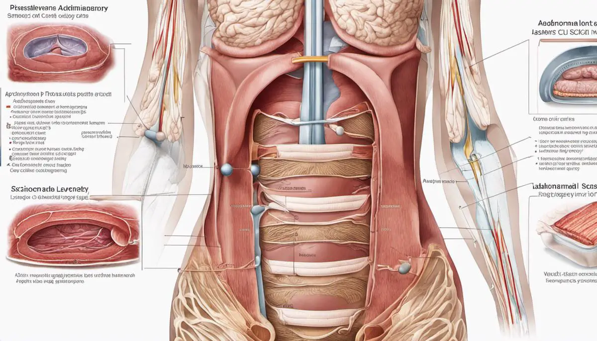 Illustration showing the abdominal anatomy post C-section with labels indicating the various layers impacted by the surgery.