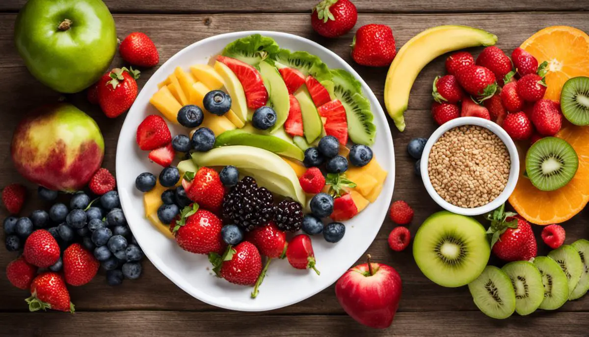 A plate filled with colorful fruits, vegetables, and whole grains, representing a healthy anti-stroke diet.