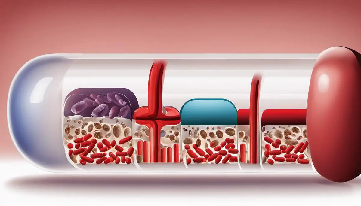 A illustration of different pills and a cross section of a blood vessel, representing the topic of stroke prevention medications.