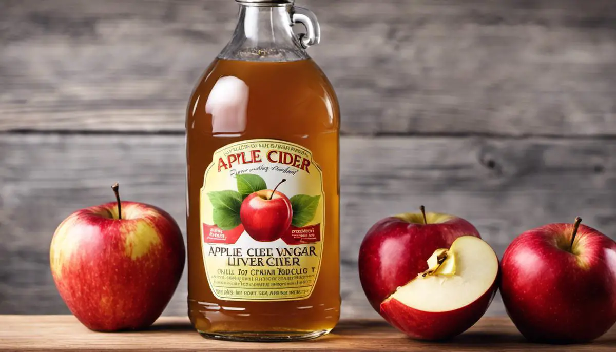 A bottle of apple cider vinegar and sliced apples, depicting the benefits of apple cider vinegar for health.