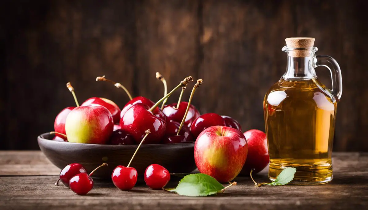 A bottle of apple cider vinegar next to a bowl of cherries, highlighting the potential benefits of apple cider vinegar in managing gout symptoms.