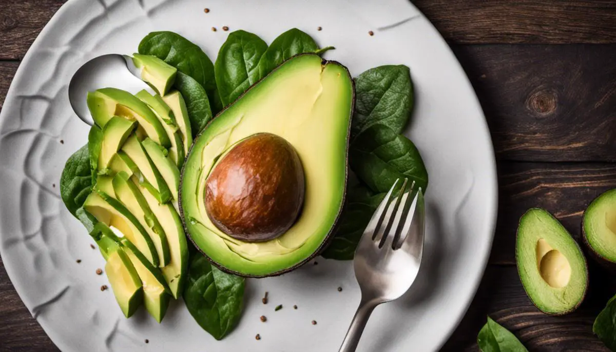 A plate with sliced avocados and a spoon, representing avocados as a superior food for dyspepsia sufferers