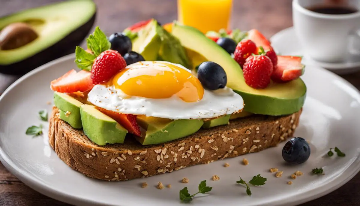 A colorful plate of a balanced breakfast consisting of eggs, whole grain toast, avocado slices, and fresh fruits.