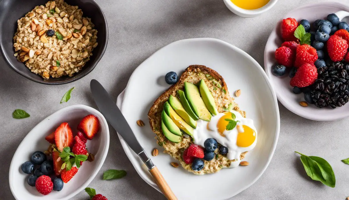 A plate with oatmeal, avocado toast, a vegetable omelette, and Greek yogurt with berries and nuts, representing balanced breakfast options for blood sugar control