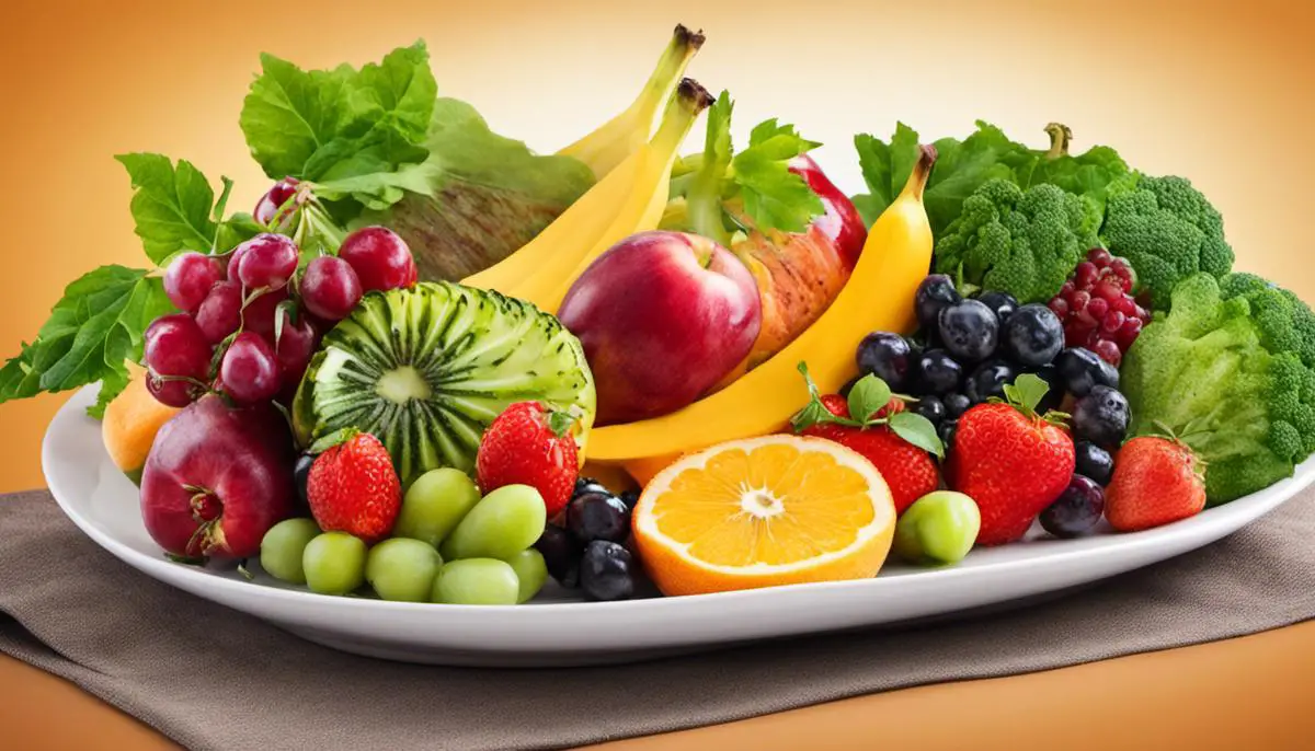 A plate filled with a variety of fruits, vegetables, and lean proteins, representing a balanced diet.