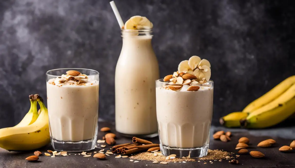 A glass of banana almond milkshake topped with crushed almonds and a sprinkle of cinnamon, a delicious and calming bedtime treat.