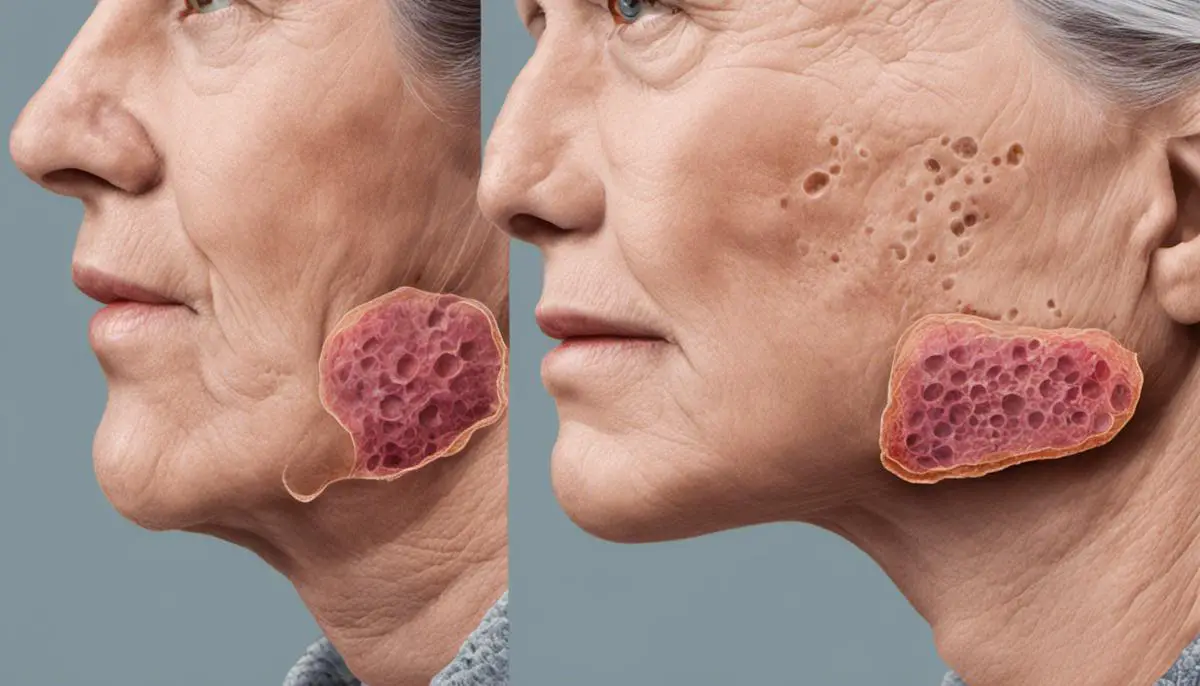 Illustration of a person's skin with basal cell carcinoma, highlighting the affected areas.