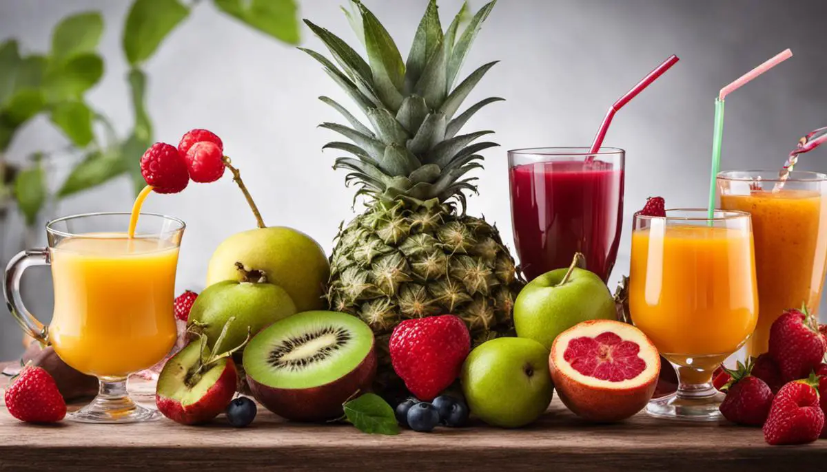 Image depicting various fruits and a glass of juice, representing bedtime juices and their health benefits.