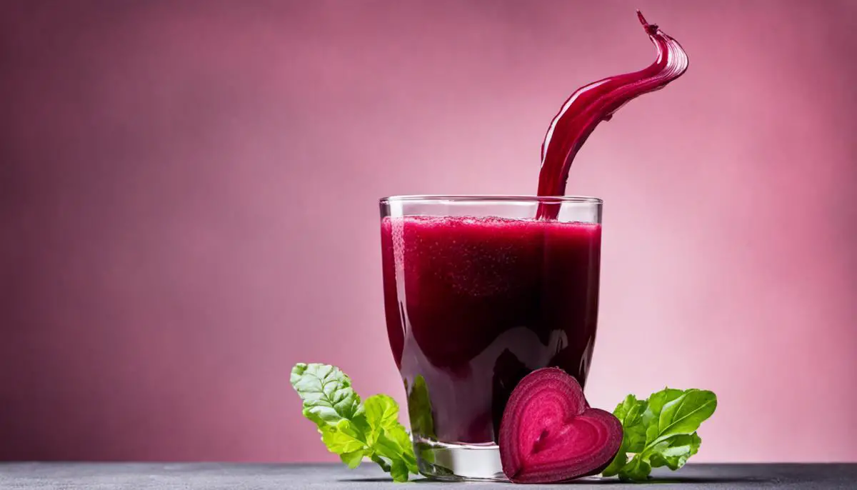 A glass of red beet juice with a heart-shaped beet slice on top, representing the cardiovascular health benefits of beet juice for individuals with heart disease or high blood pressure.