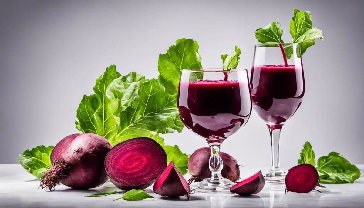 A glass of vibrant red beet juice with slices of beets and green leaves on a white background