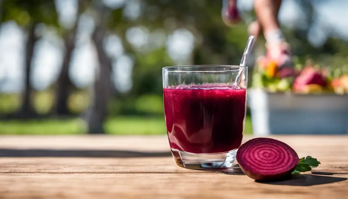 Image of a glass of beet juice with a person running in the background