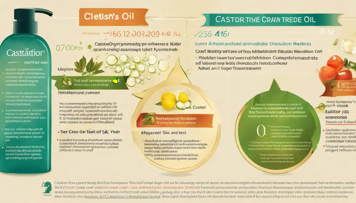 Image depicting the benefits of castor oil for the skin, including hydration, anti-inflammatory properties, and reduction of acne. The image also shows the potential drawbacks of Castor oil, highlighting the need for a patch test, caution for sensitive skin, and the importance of seeking medical treatment for skin conditions.