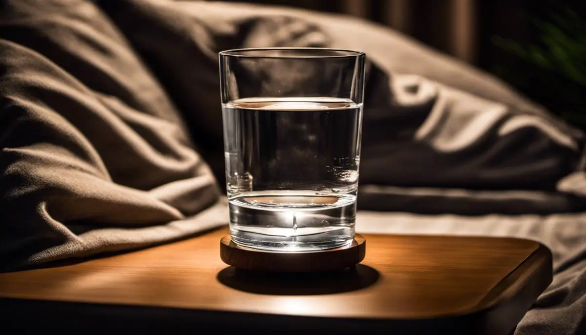 A glass of water on a nightstand with a person sleeping peacefully in the background