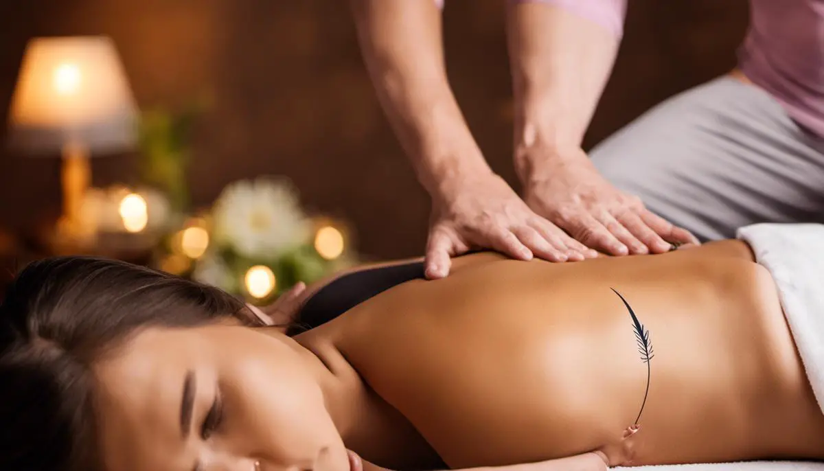 Image illustrating the benefits of digestion through belly massage, including a person receiving a belly massage with arrows indicating improved digestion and absorption of nutrients.