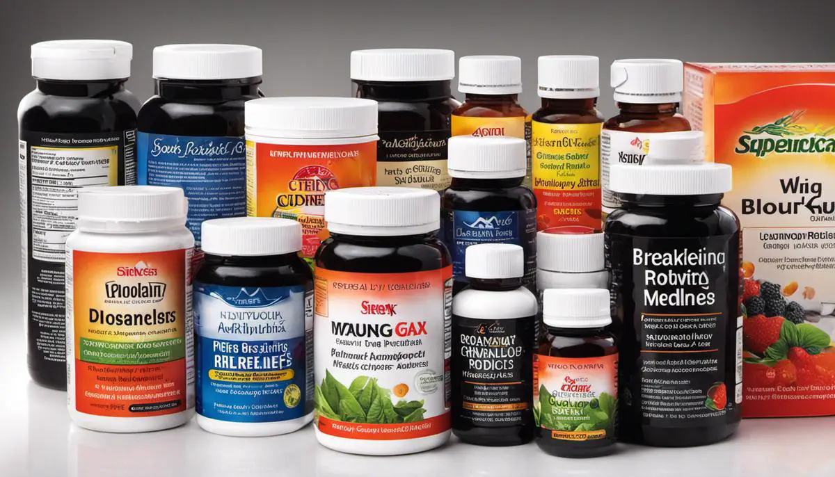 An image showing various bloating relief medicines, including antacids, probiotics, Gas-X, and activated charcoal.