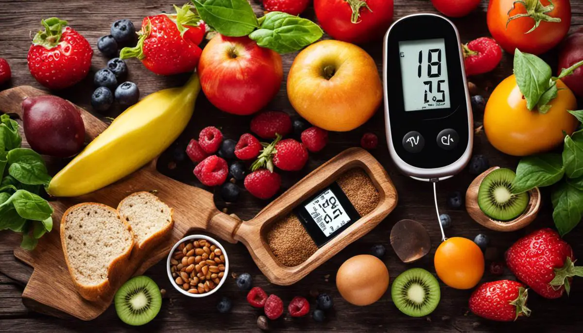 An image depicting various healthy foods and a glucometer, representing the importance of blood sugar control in diabetes.