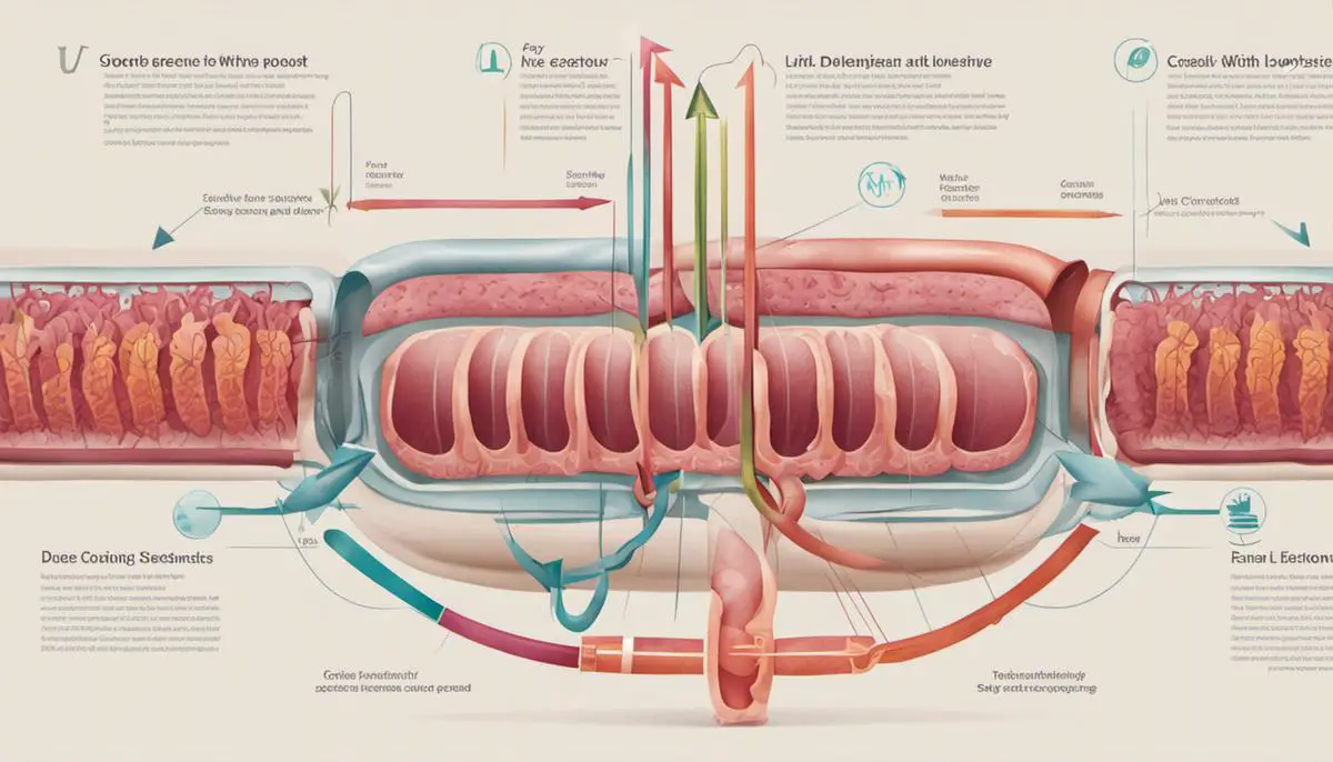 Illustration of a healthy intestine with arrows pointing to prevention and early detection strategies