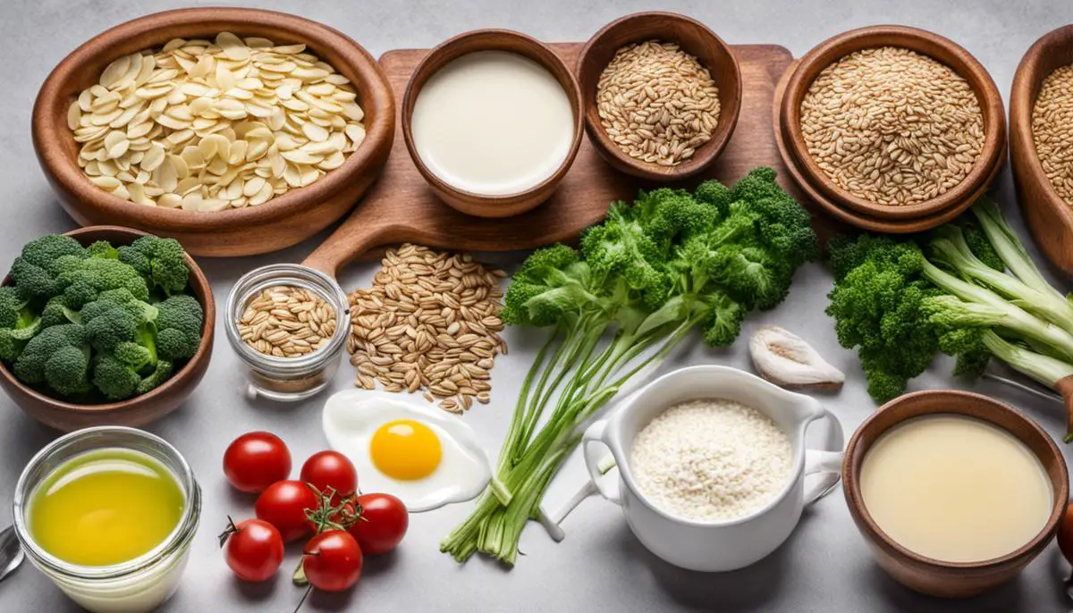 An image of a variety of nutritious foods, including oats, fennel seeds, green leafy vegetables, and milk, that can be beneficial for increasing breast milk production.