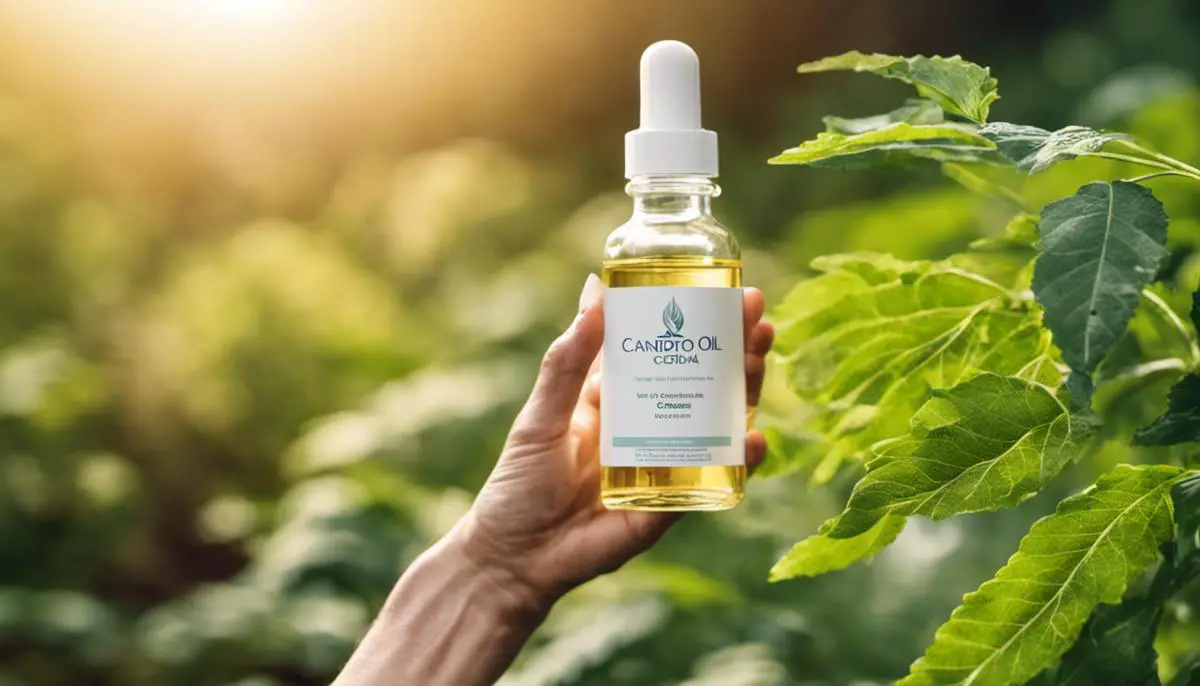 Image of a person holding a bottle of castor oil with a background of plants and a healthy diet to represent the topic of Candida treatment.