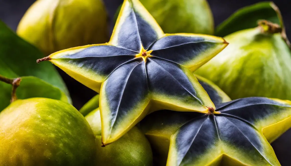 A photo of a ripe carambola (star fruit) with a distinct star shape.