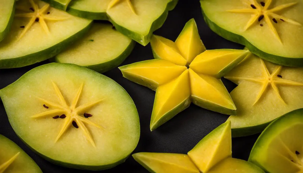 A close-up image of a sliced carambola fruit, showing its star shape and vibrant yellow color.