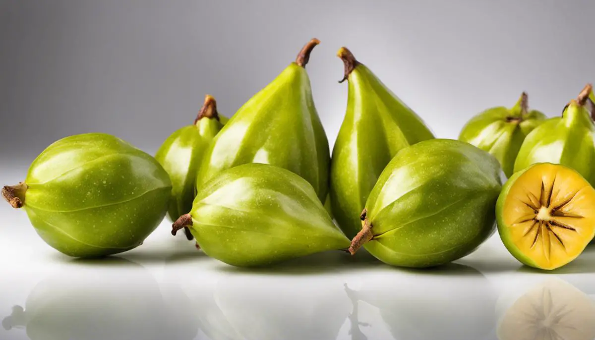 An image of a fresh carambola (star fruit) lying on a white background.