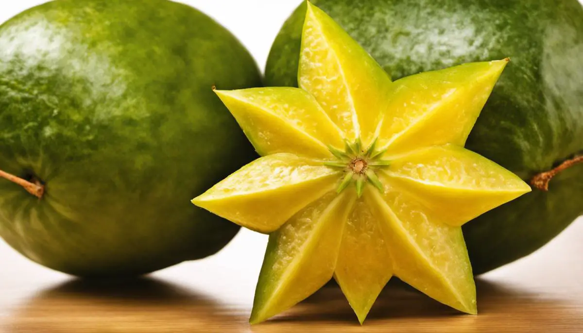 A ripe carambola fruit with a star-shaped appearance, shown to enhance digestion.