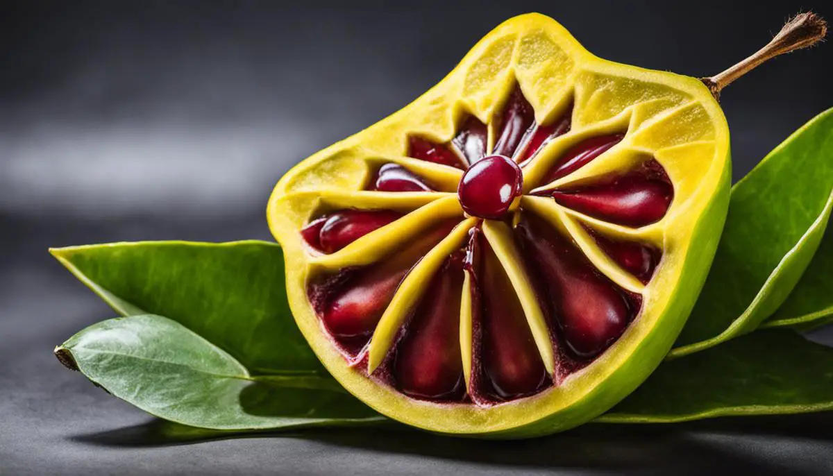 An image of a ripe carambola with a kidney-shaped stone beside it.