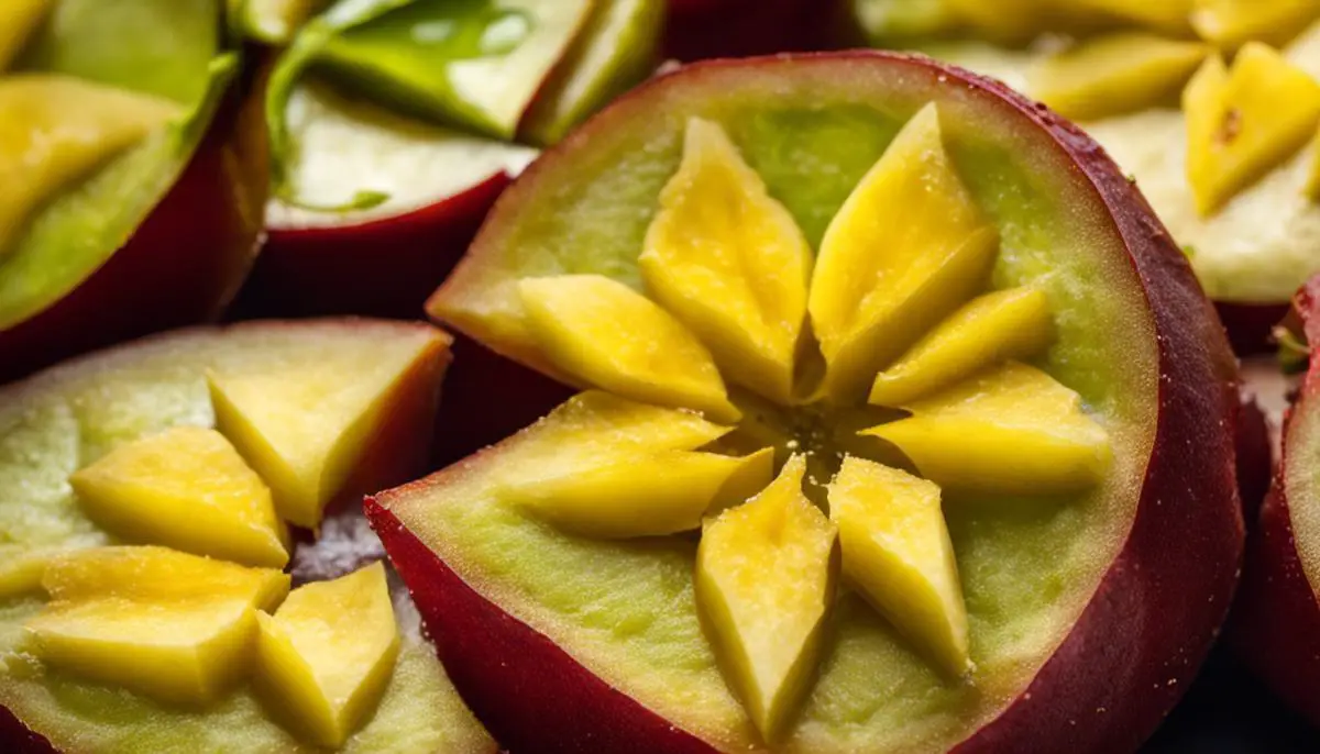 A close-up image of a sliced carambola, also known as star fruit, next to a kidney, symbolizing the relationship between carambola and kidney health.