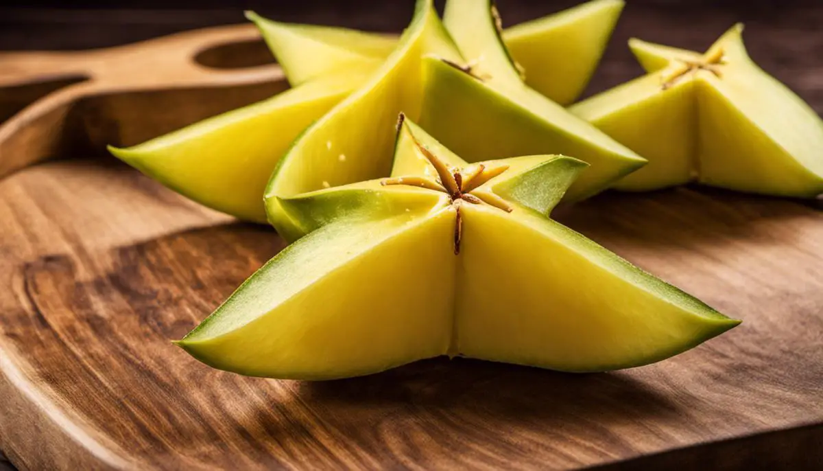 A ripe carambola fruit on a wooden cutting board with a slice cut out, demonstrating its star-like shape and pale yellow color.