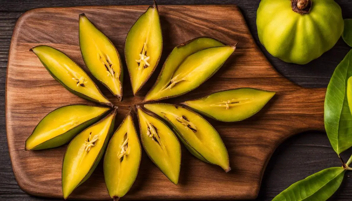 A vibrant image of sliced carambola (star fruit) on a wooden cutting board.