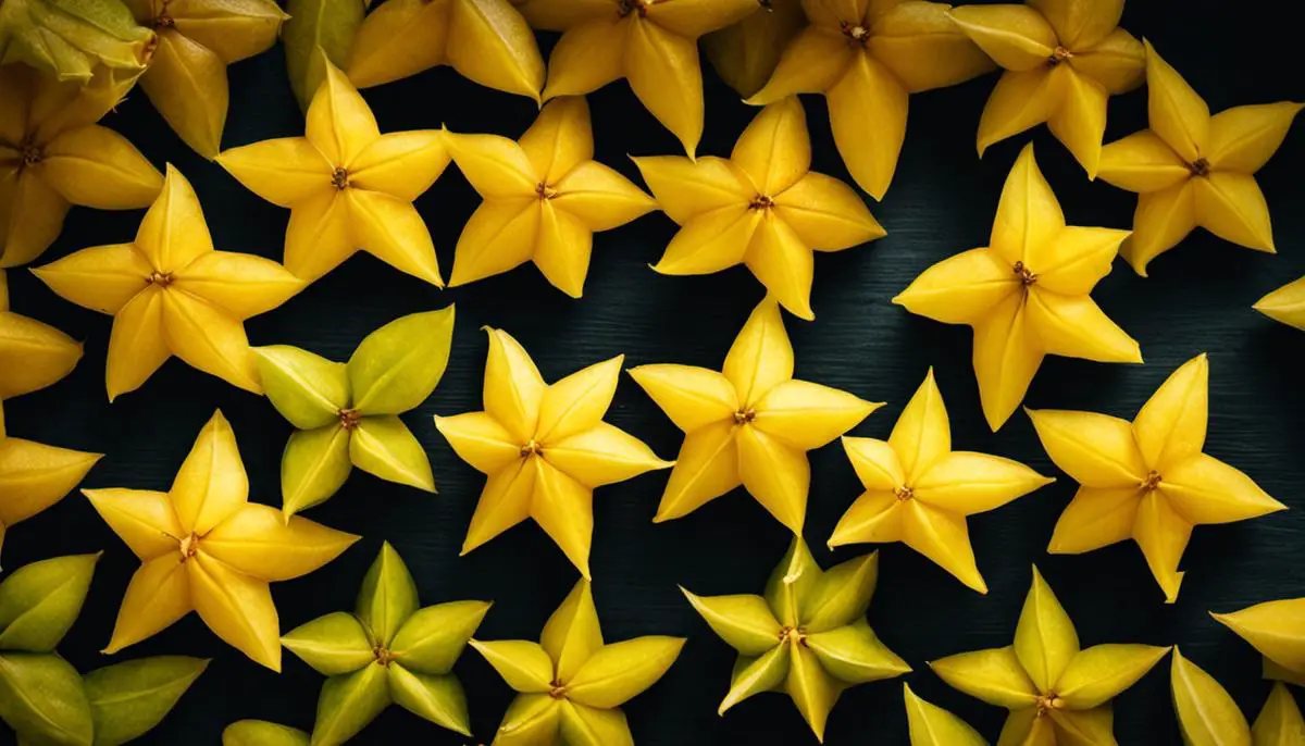 A close-up image of a ripe carambola fruit, also known as star fruit, showcasing its vibrant yellow color and unique shape.