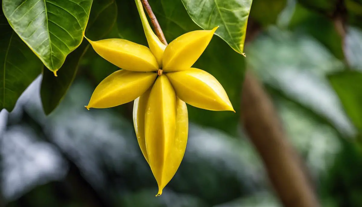 A close-up image of a carambola (star fruit) showing its vibrant yellow color and unique shape.