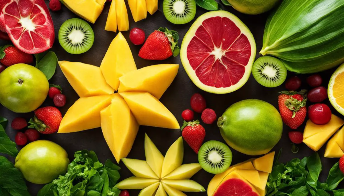 Image of fresh carambola fruit sliced in star-shaped pieces, surrounded by tropical fruits and leafy green vegetables, representing a healthy diet with carambola as a key ingredient.