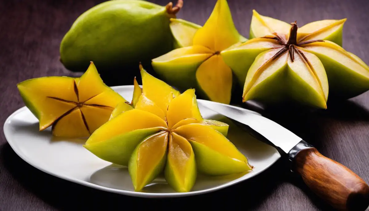 A close-up image of a carambola (star fruit) with a knife and a plate of sliced carambola beside it.