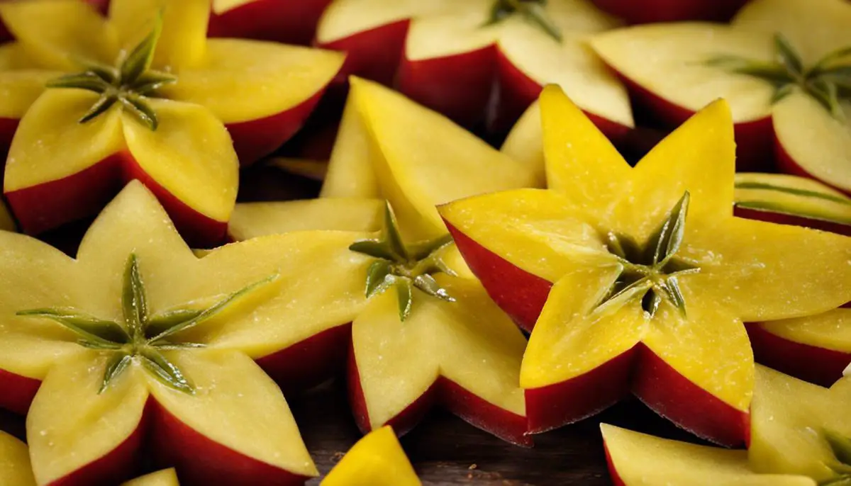 A close-up image of a freshly sliced carambola, highlighting its distinctive star shape.