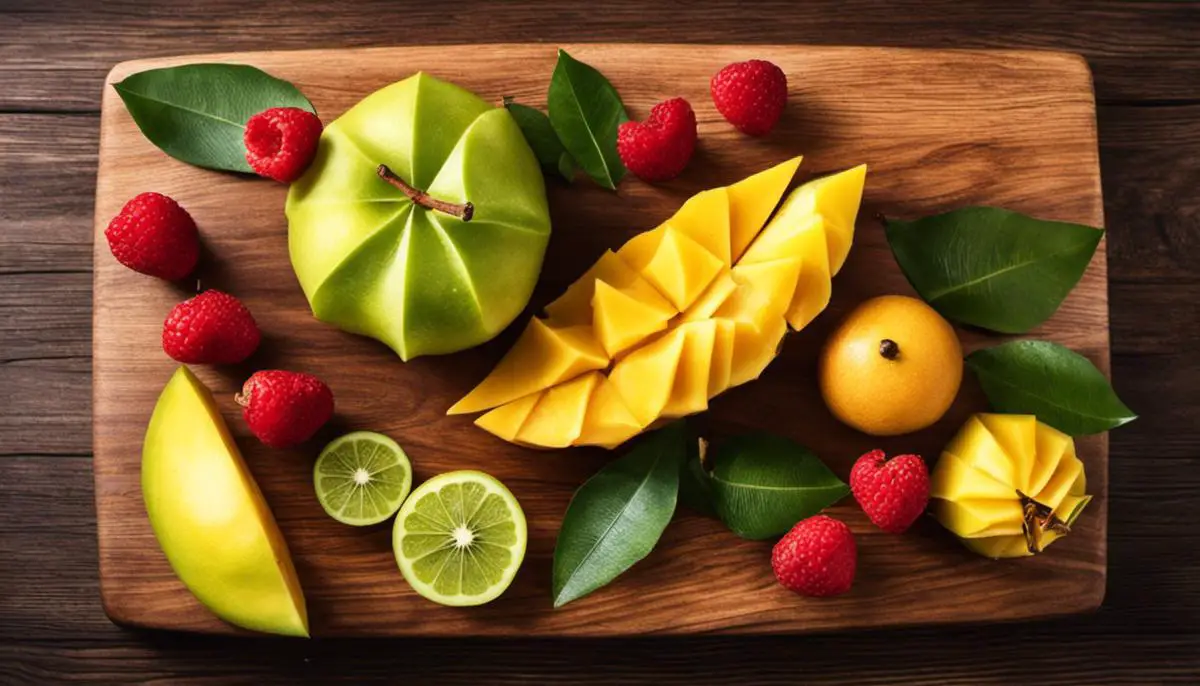 Image of ripe carambola fruit surrounded by sliced fruit on a wooden cutting board