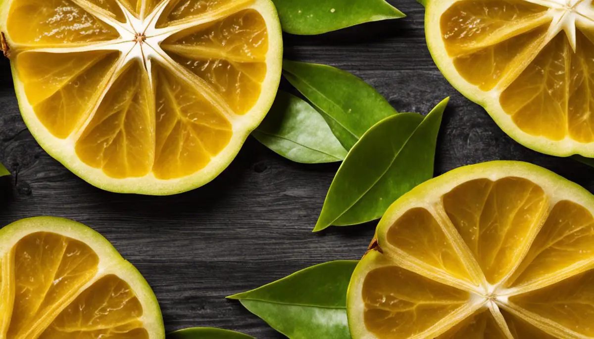 A ripe carambola fruit cut into slices, showing its star-like shape.