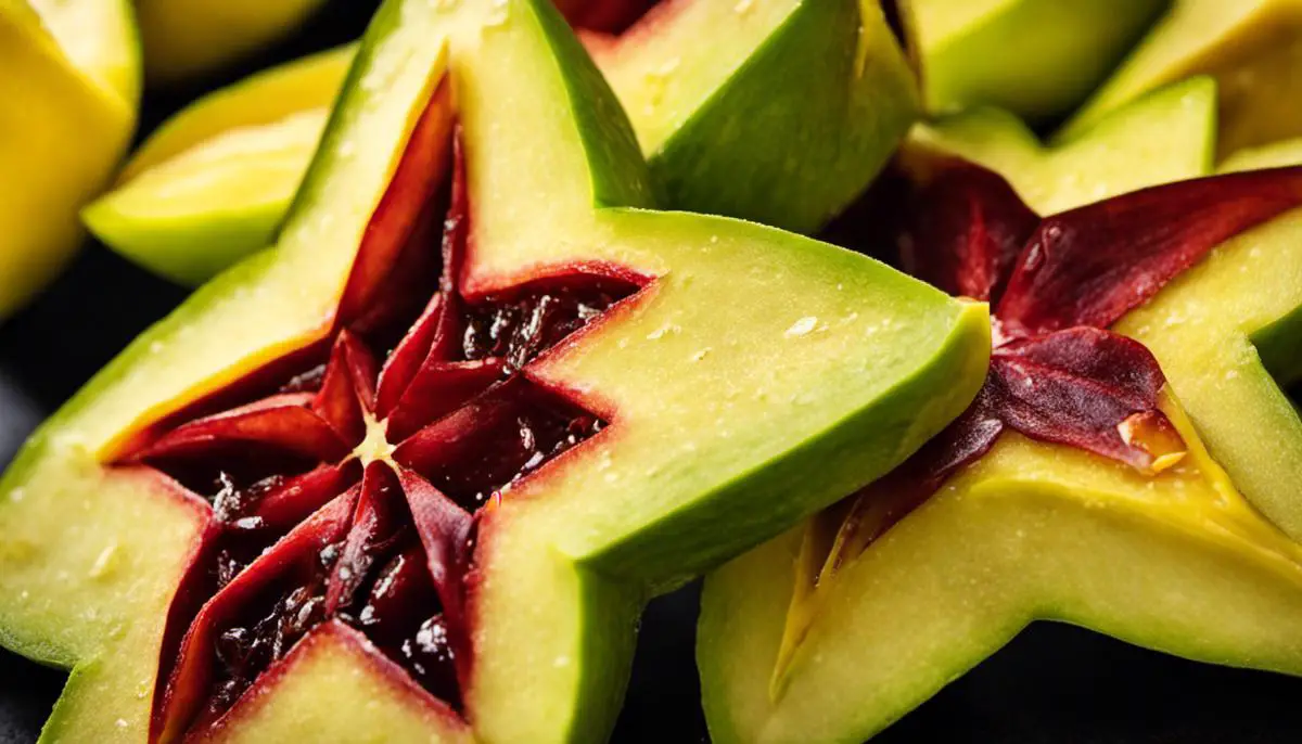 A close-up image of a ripe carambola fruit sliced in half, showing its distinctive star shape.