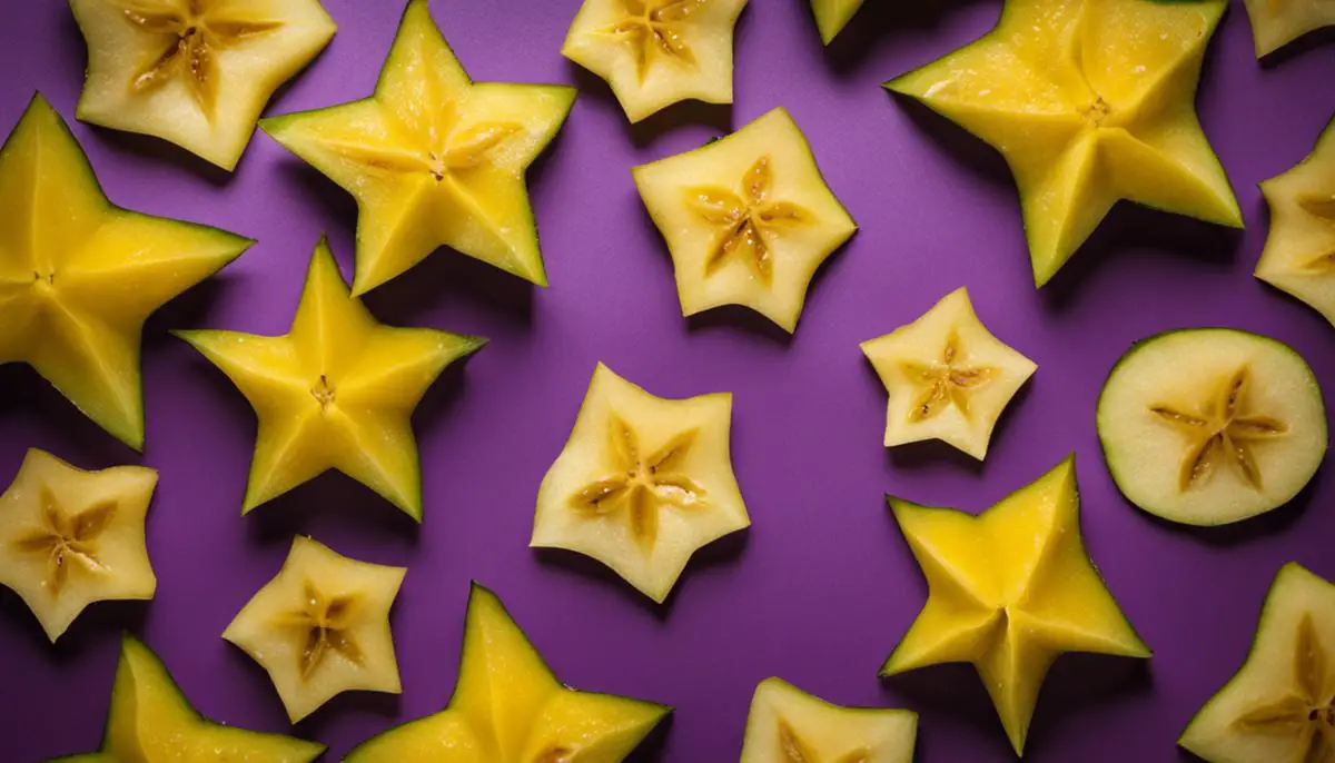 A close-up image of a sliced carambola fruit, showing its distinctive star shape and bright yellow color, revealing its refreshing and tangy flavor.